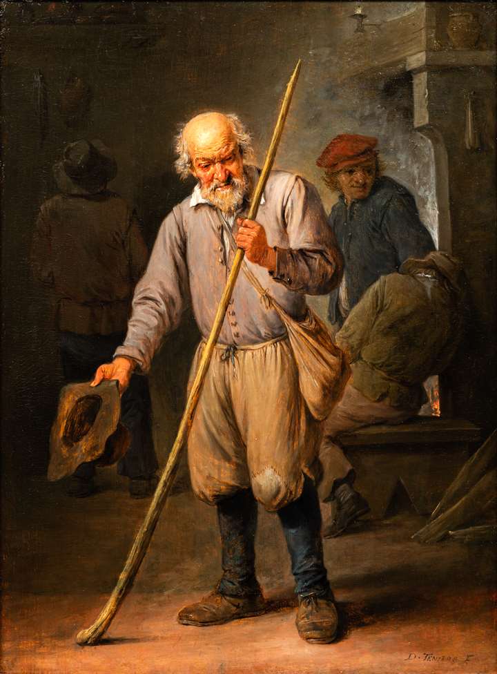An old Man holding a Staff, three peasants behind.
